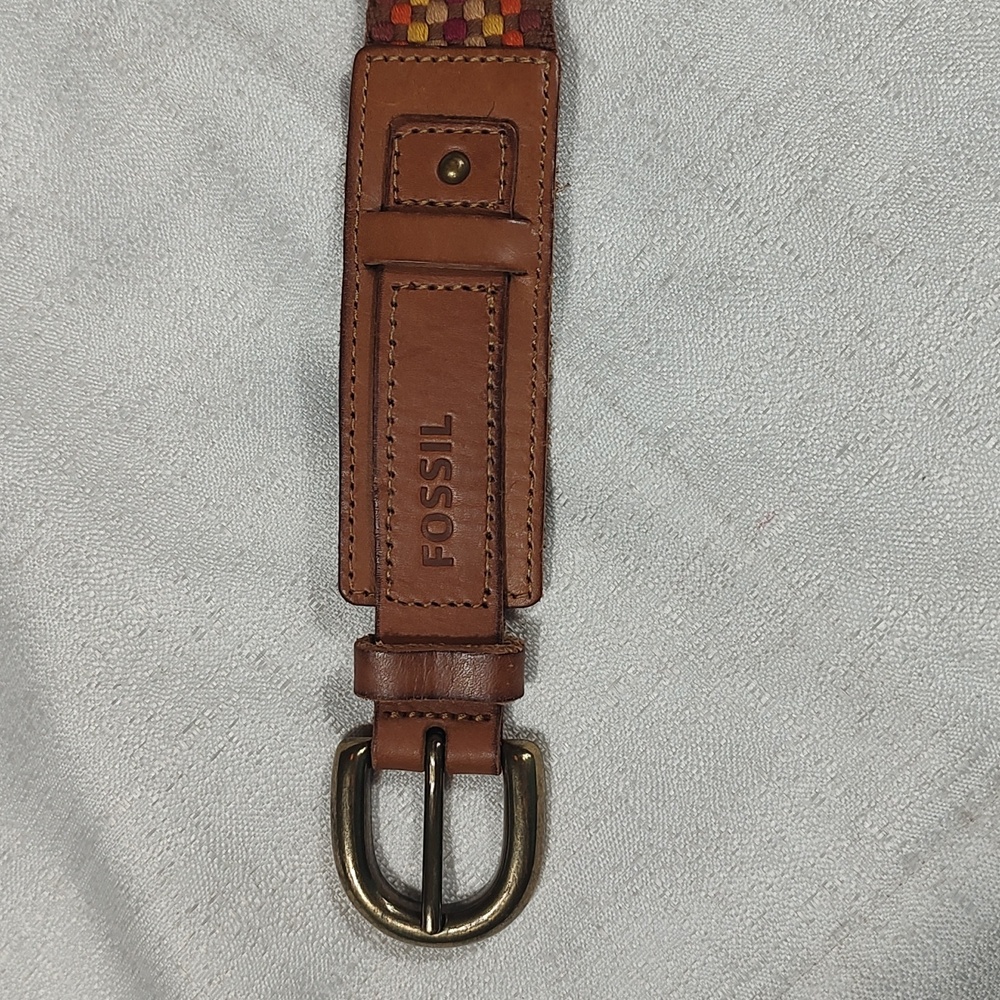 Fossil Belt Brown Basic Colorful Basket Weave Adjustable Buckle Women Small